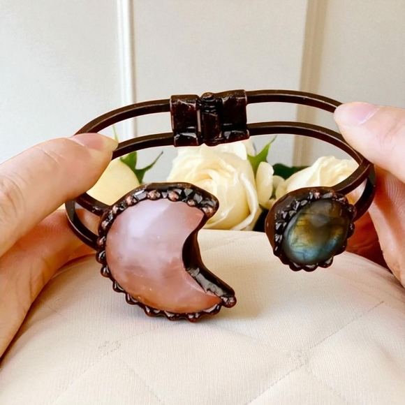 🆕 Pink Rose Quartz & Labradorite Moon Natural Stone Bangle Cuff Bracelet 🌈✨ - Picture 5 of 15